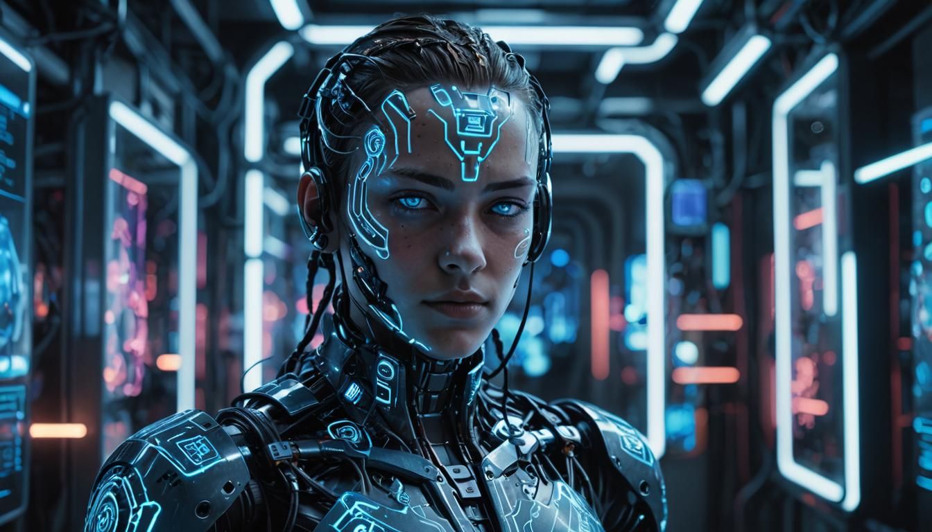 Cyberpunk AI Portrait in Futuristic Lab