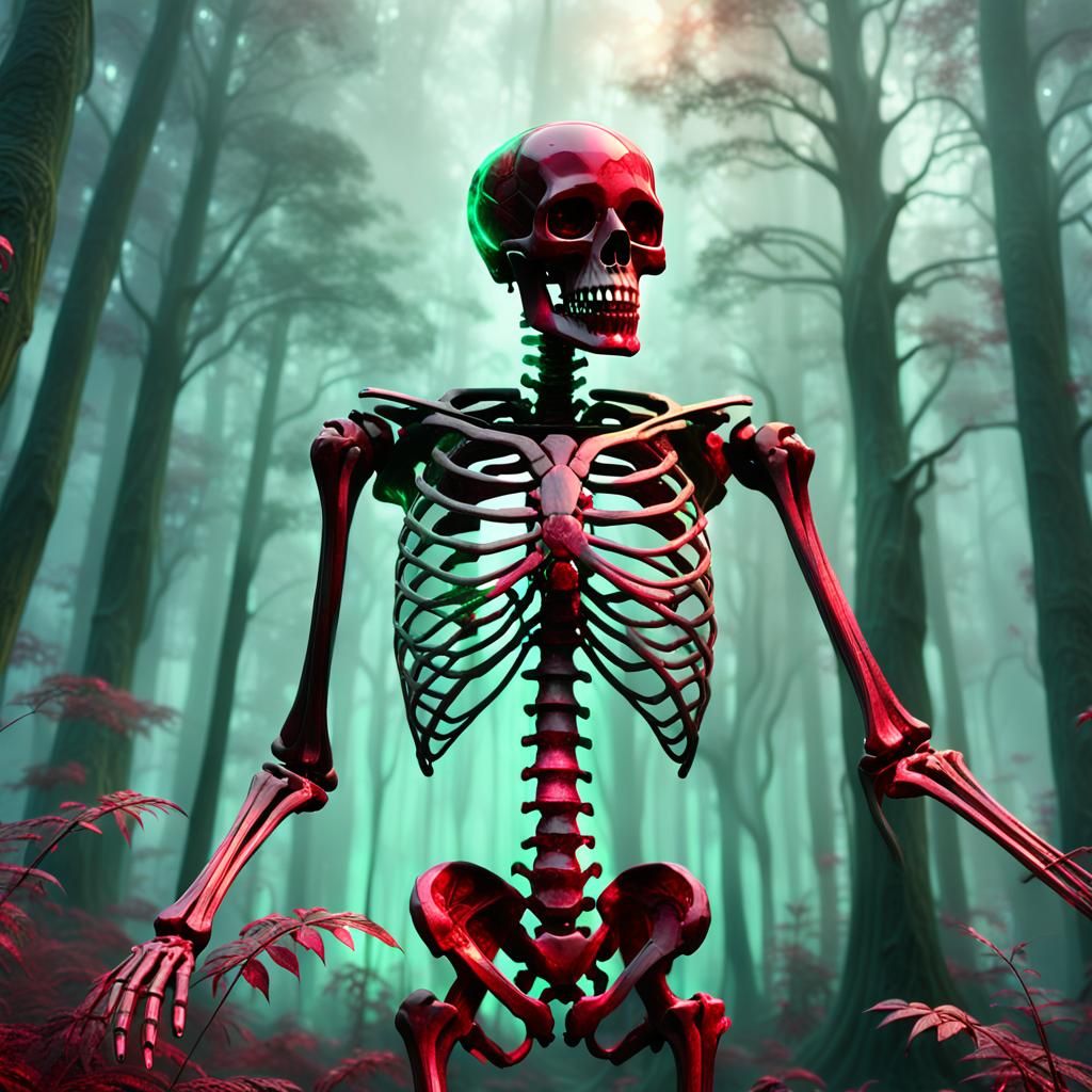 Ethereal Ruby Skeleton in Mystic Forest