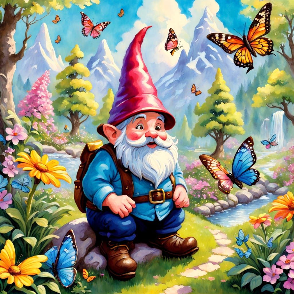 Whimsical Gnome in a Vibrant Spring Garden