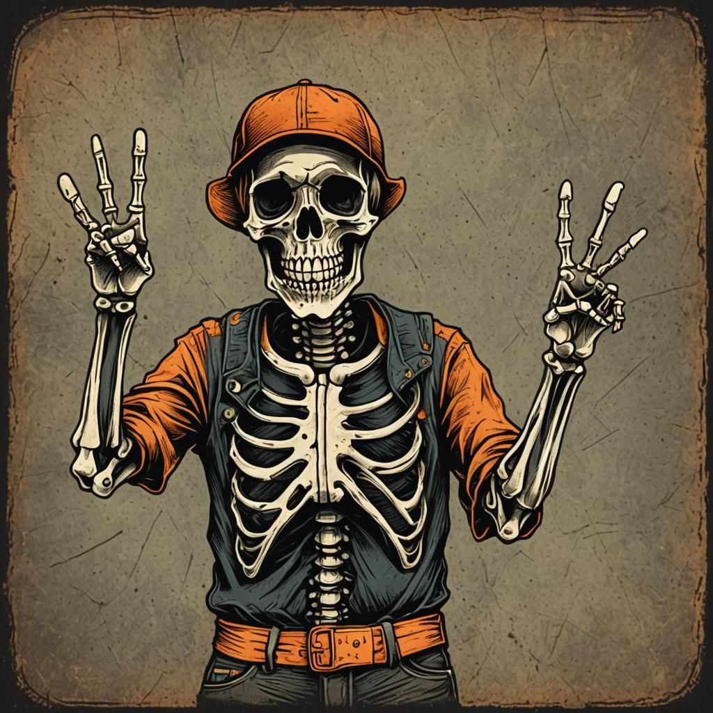 Skeleton Peace Sign in Vintage Woodcut Style