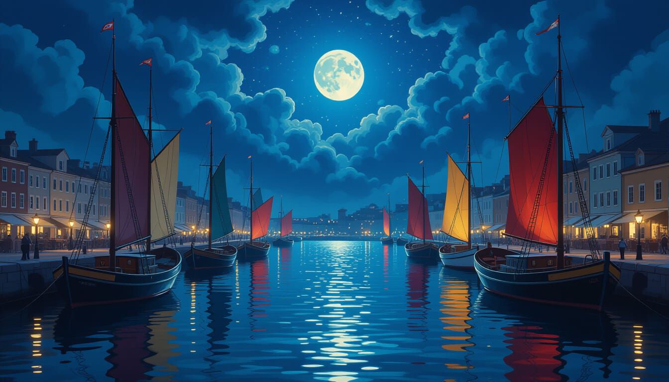Moonlit Harbor with Colorful Sails at Night