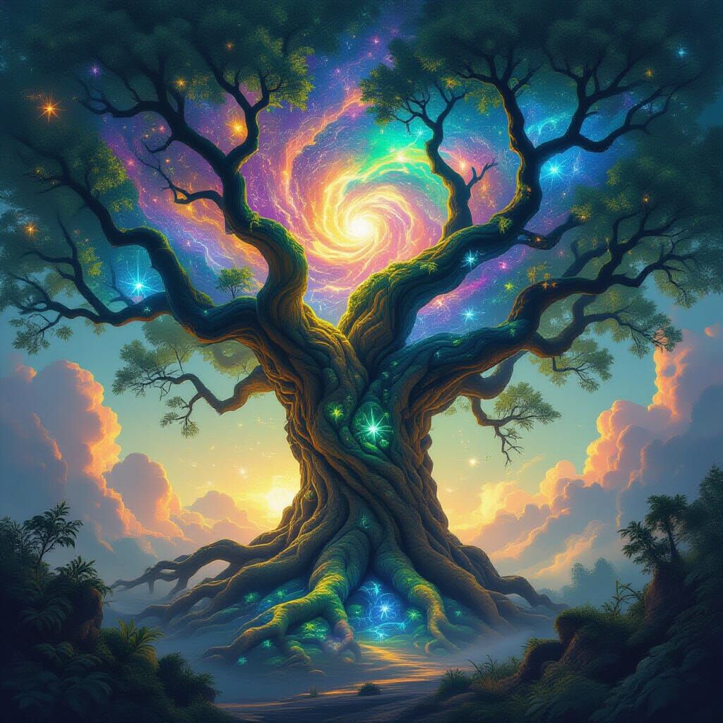 Ancient Cosmic Tree with Luminescent Moss