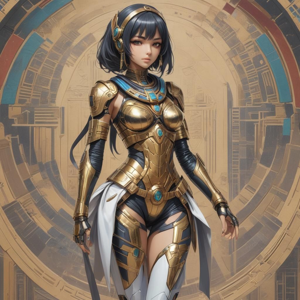 Futuristic Egyptian Anime Girl: Hyperdetailed Colored Drawin...