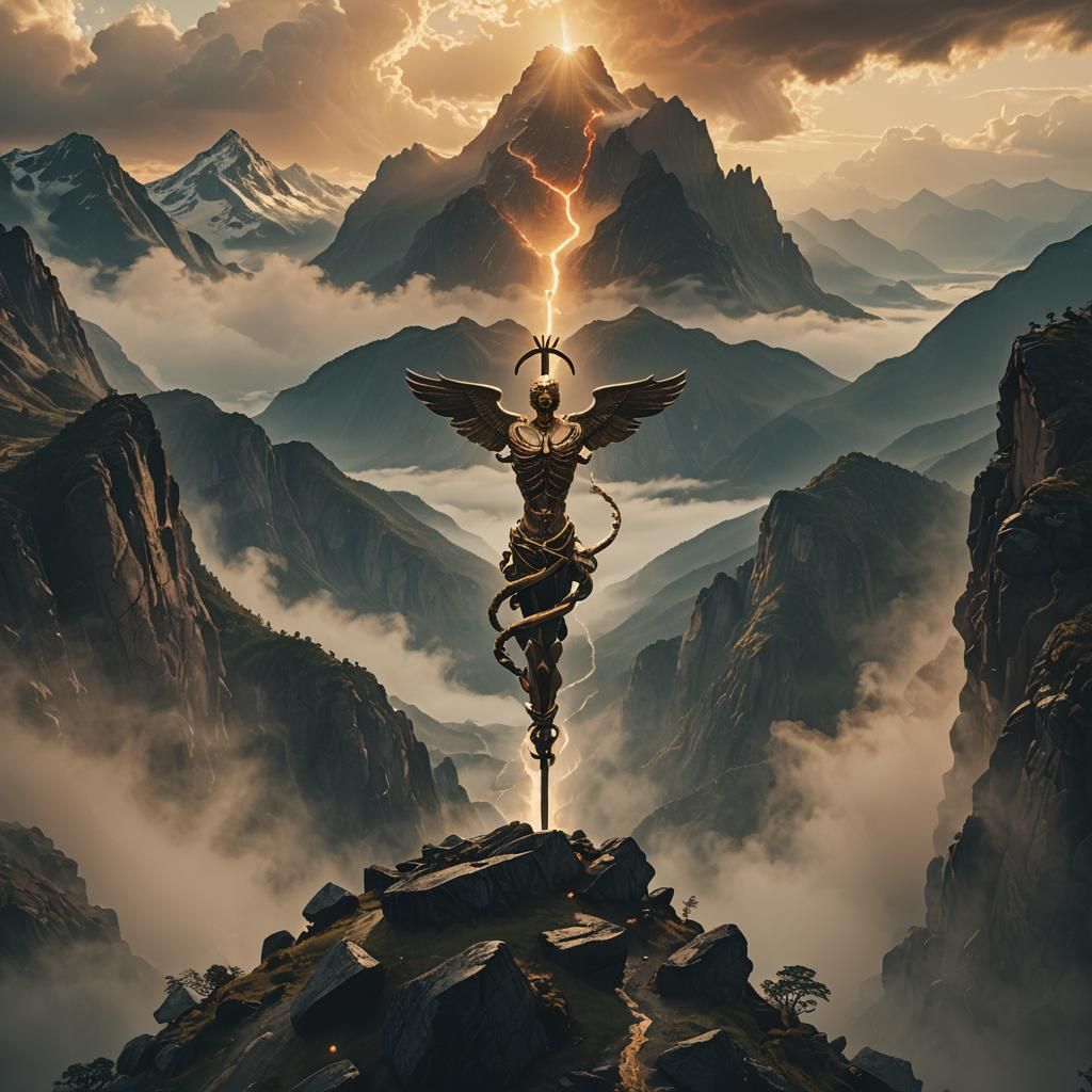 Majestic Caduceus on Misty Peak in Golden Hour
