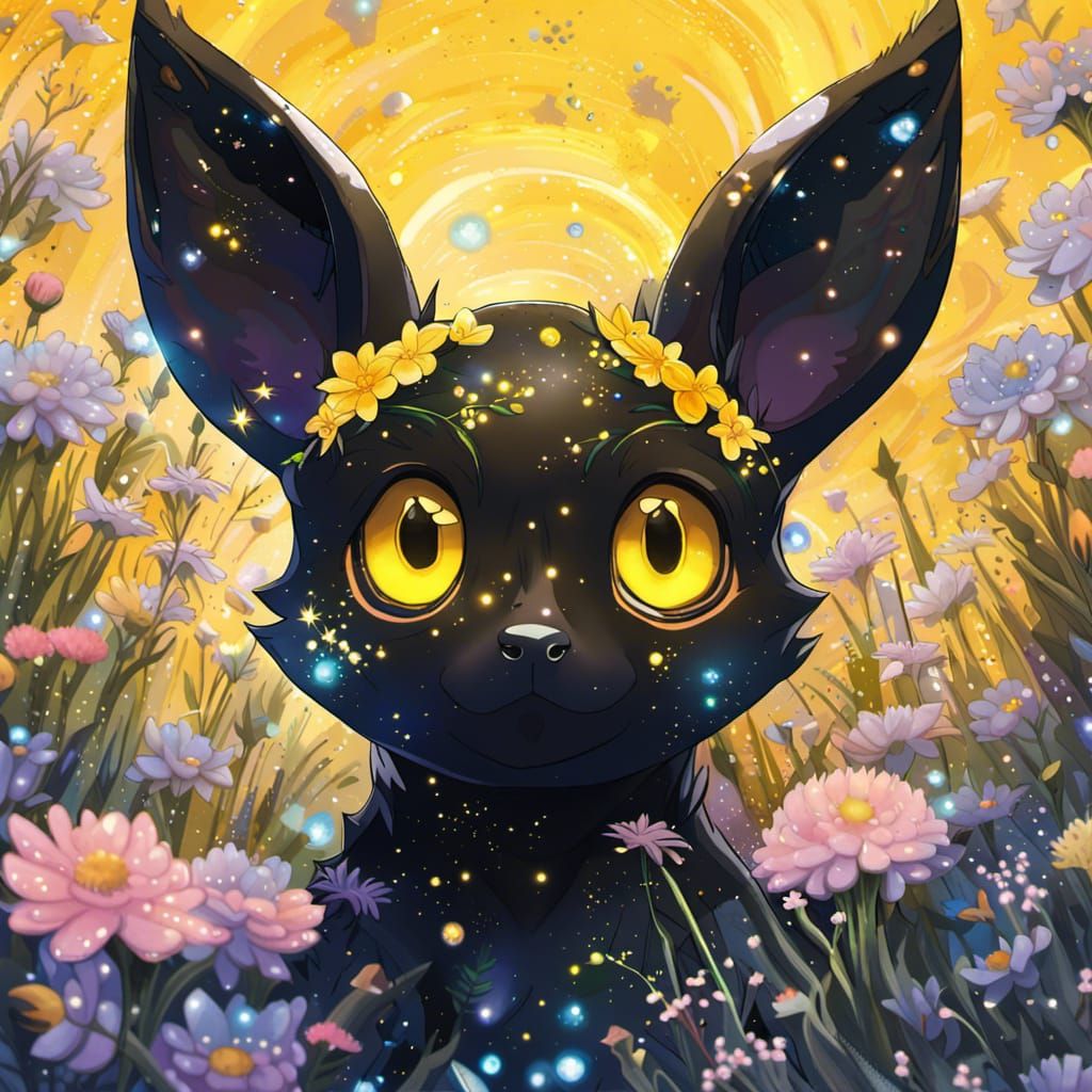 Umbreon Portrait in Cosmic Flower Field