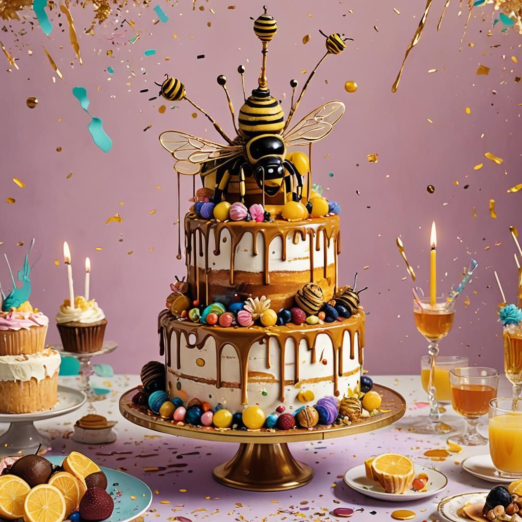Queen Bee Birthday Cake in Digital Art Style
