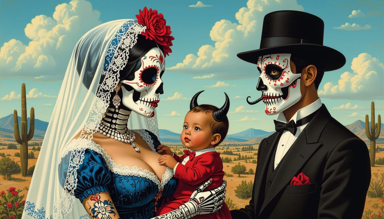 Catrina with Devil Baby and Masked Man in Surreal Landscape