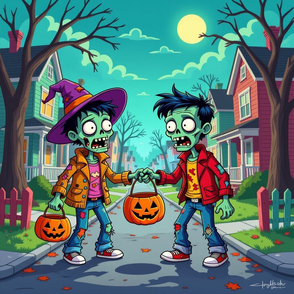 Zombies Trick or Treating in Colorful Tim Burton Style Neigh...