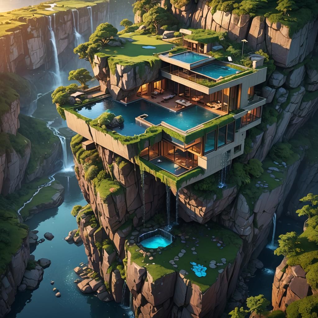 Impossible Cliffside House at Twilight in Anime Style