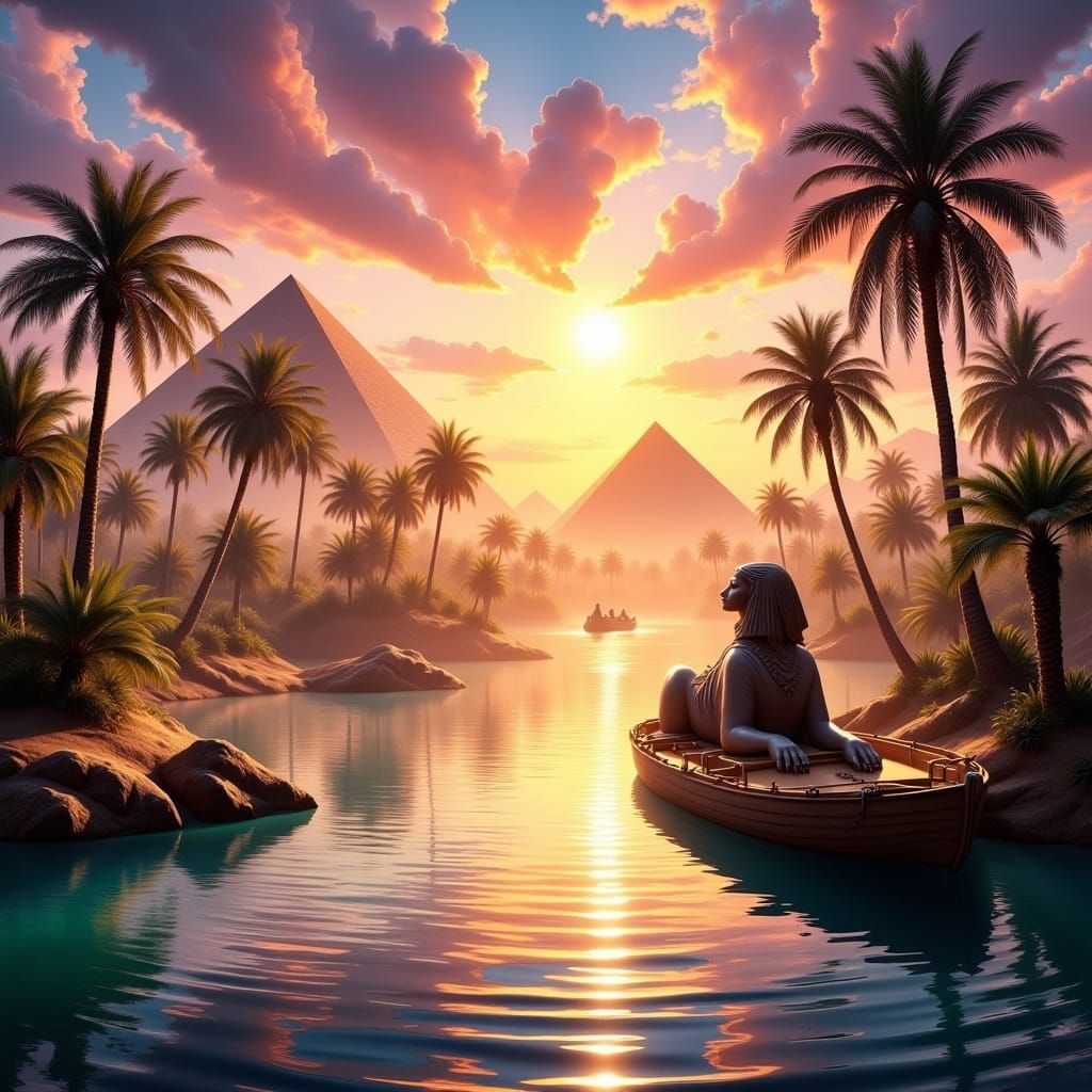 Nile River at Dawn with Pyramids, Hyperreal Style