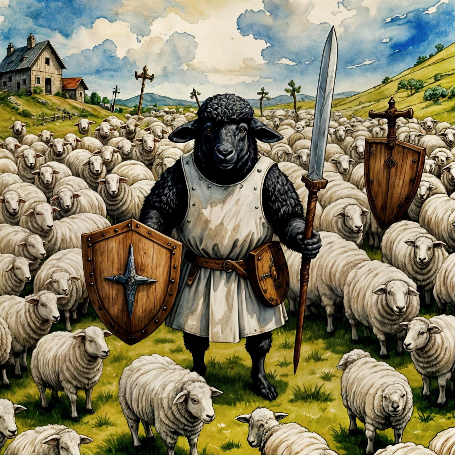 Black Sheep Warrior in Cartoon Watercolour Style