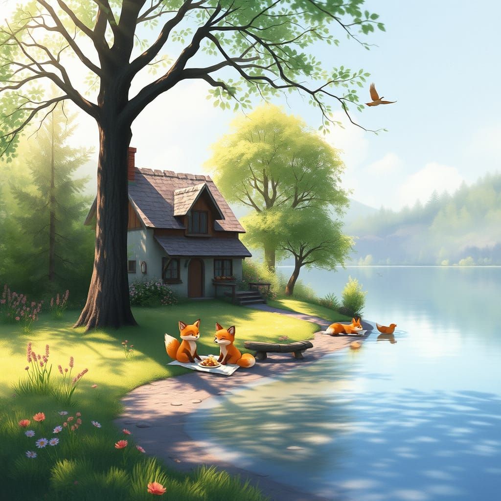 Fox Family Picnic at Lakeside Cottage, Watercolor Style