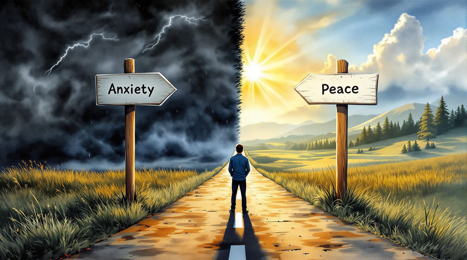 Person at Crossroads: Anxiety vs. Peace in Textured Artwork