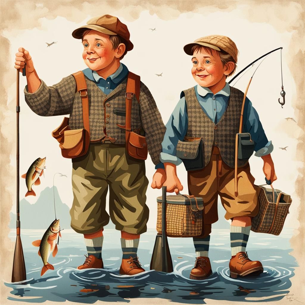 Fishermen in Children's Book Style Illustration
