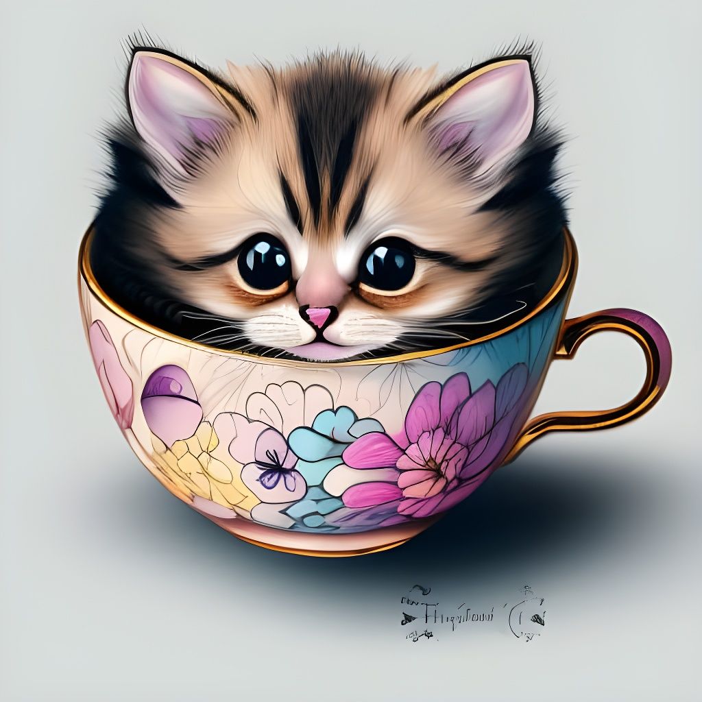 Cute Chibi Cat in Teacup: Hyperrealistic Digital Art