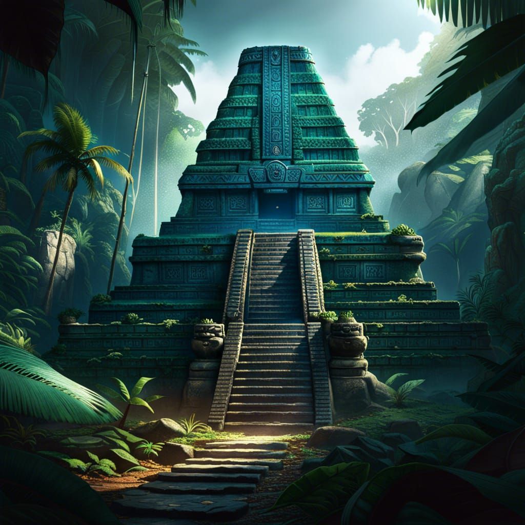 Moonlit Mayan Temple in Jungle, Dark Fantasy Art