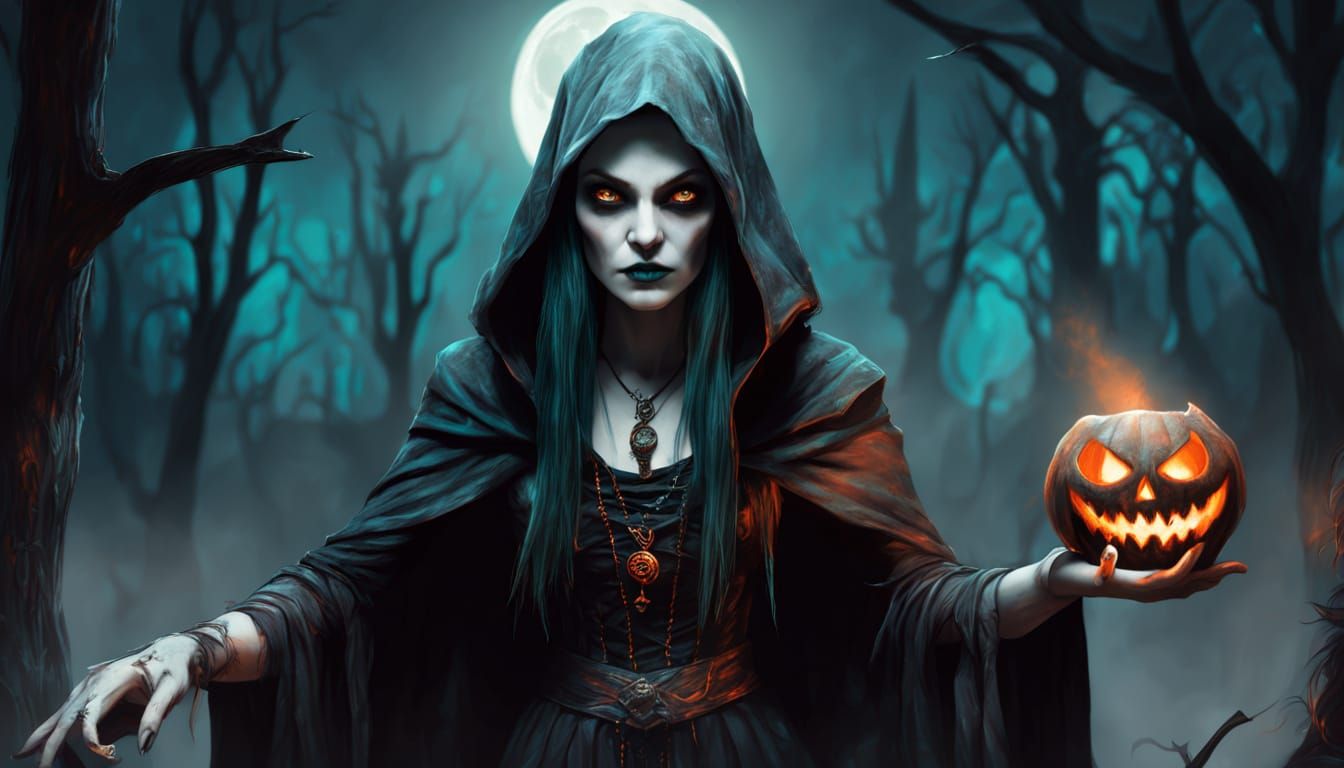 Gothic Evil Witch Spellcasting Under Eerie Moonlight