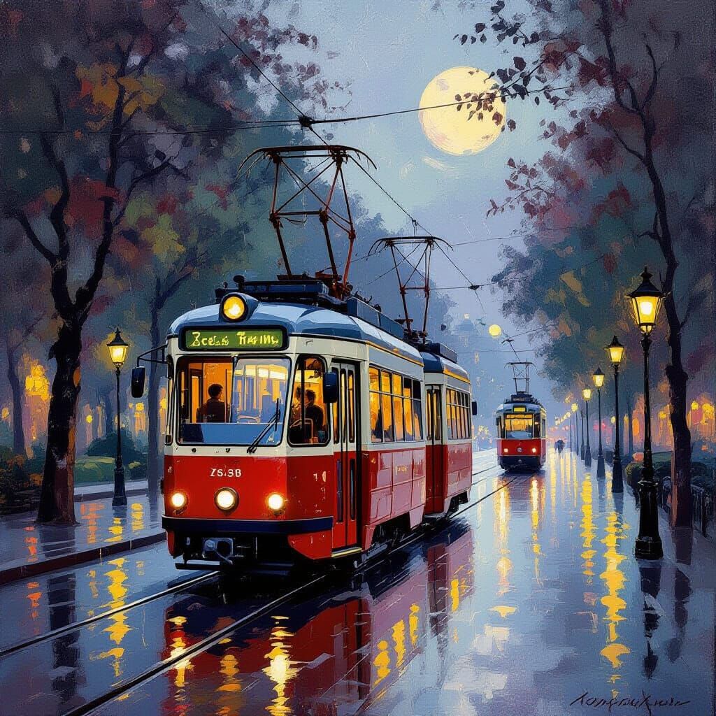 Czech Tram in September Park at Dusk, Impressionist Style