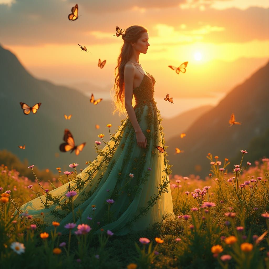Nature Goddess in Meadow at Sunset