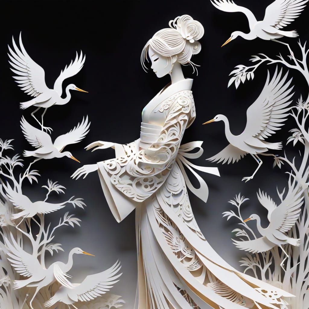 Whimsical Kirigami Crane Goddess