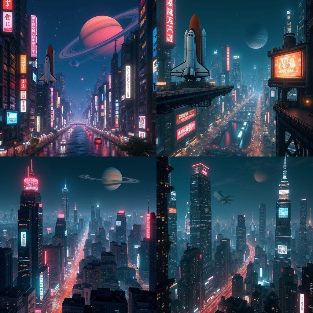 Cyberpunk Tokyo Night with 80s Space Shuttles & Saturn