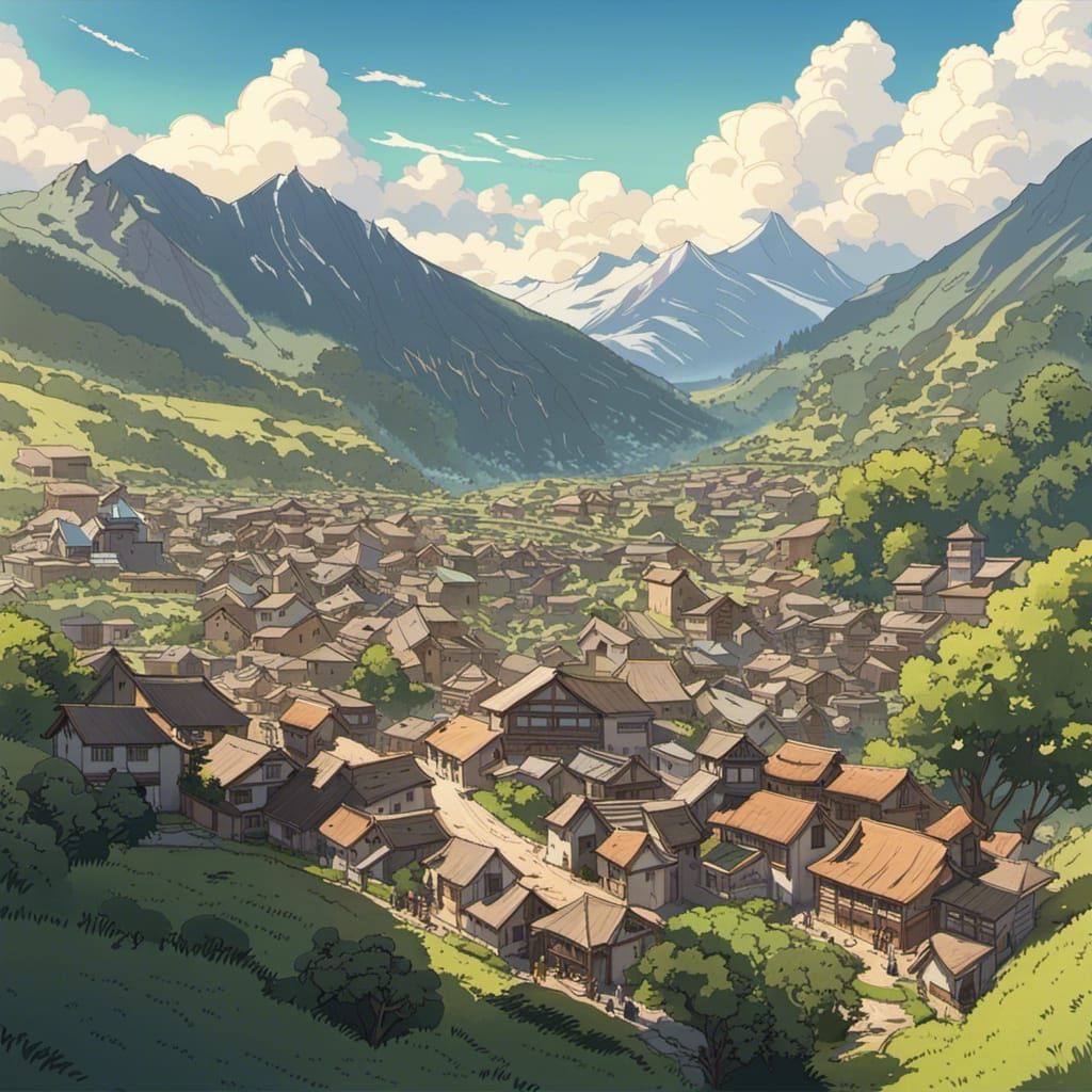 Pyrenees Mountain Town in Anime Style