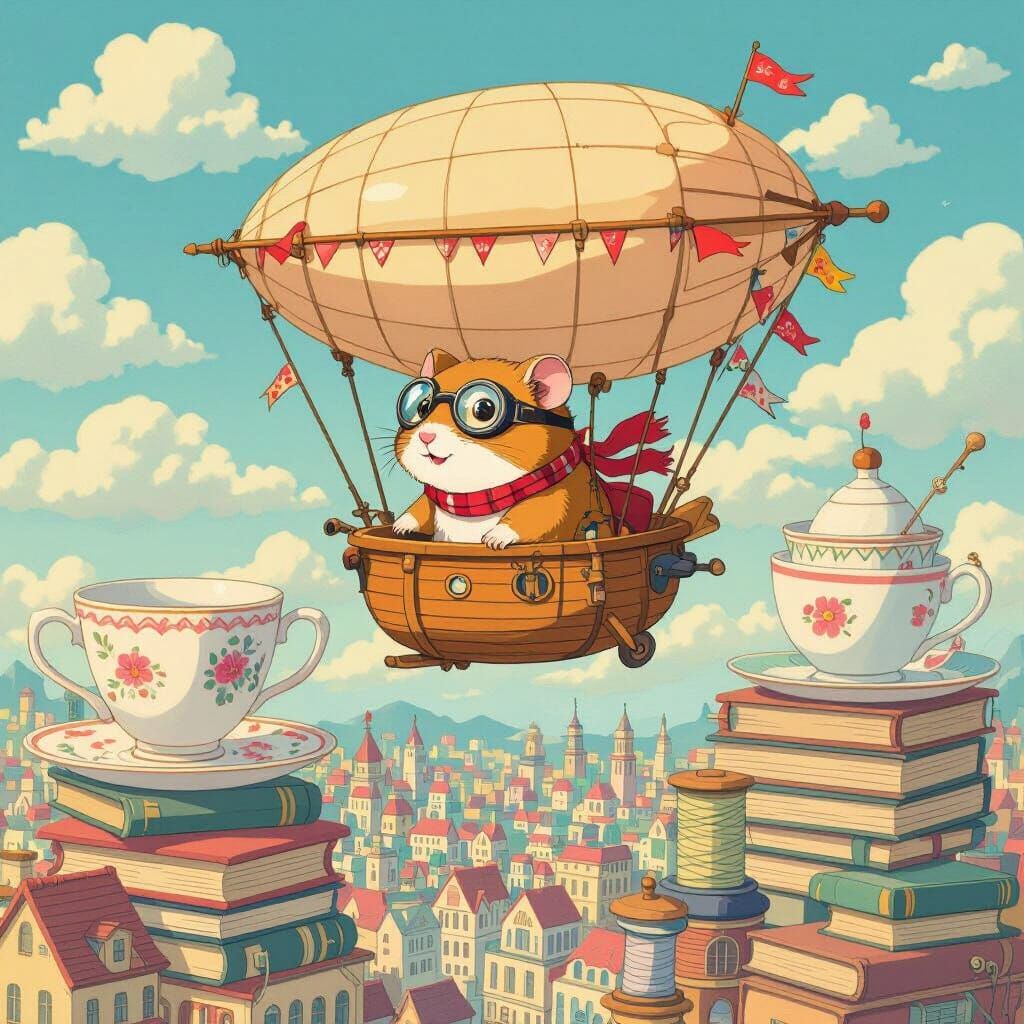 Hamster Pilots Blimp Over Dreamy Ghibli Cityscape