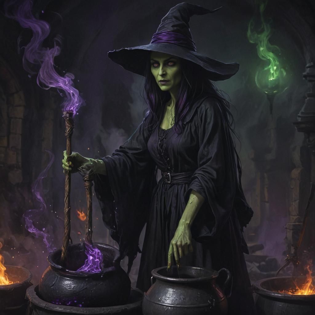 Scary Witch with Cauldron in Detailed Digital Painting
