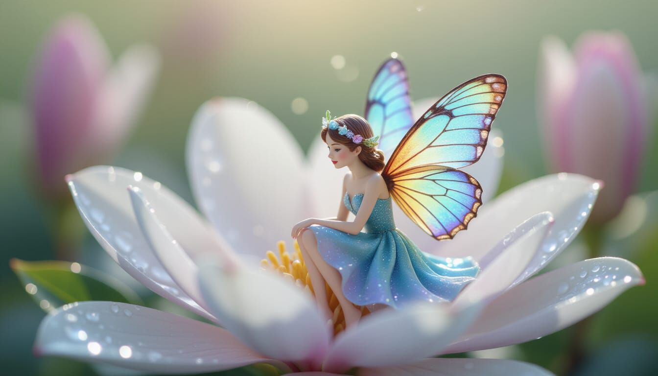 Rainbow Fairy on Magnolia Flower Macro Photograph
