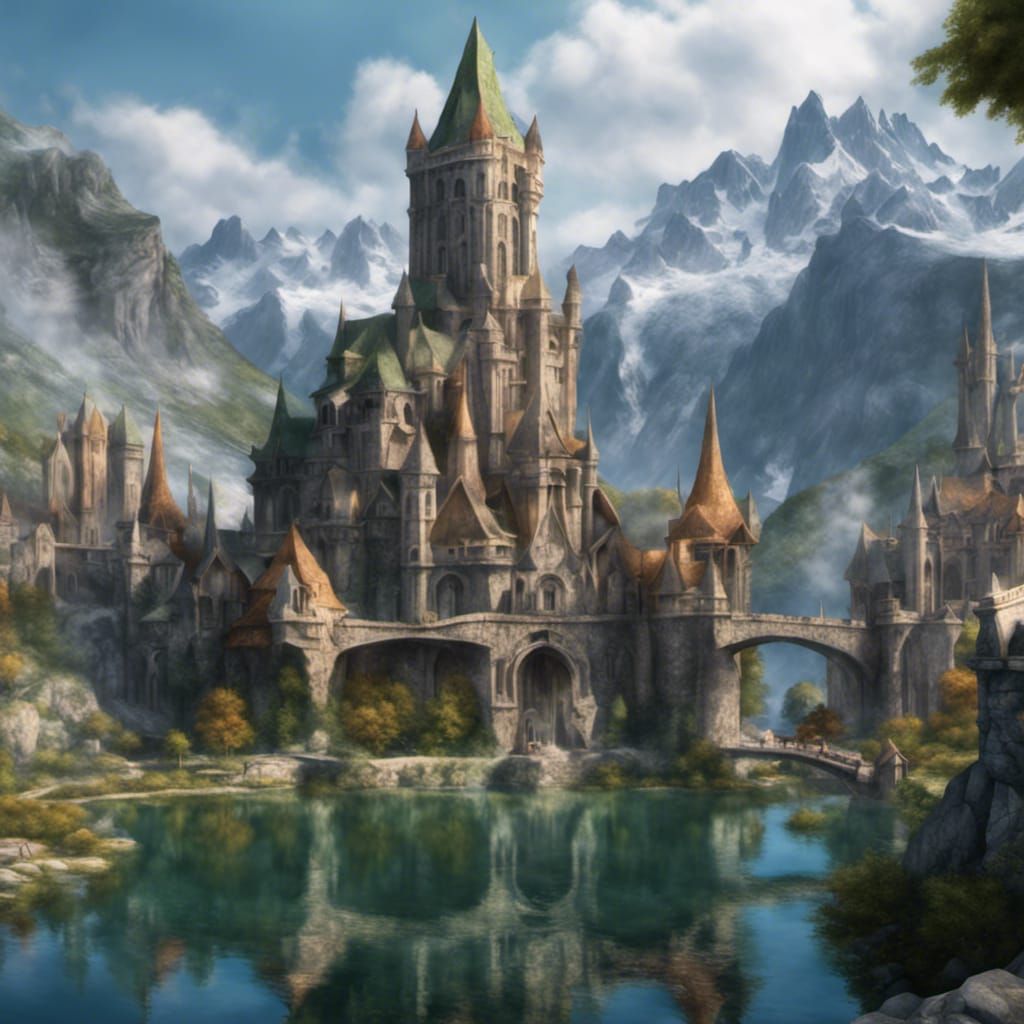 Hyperrealistic Elven City with Stone Towers and Lakes