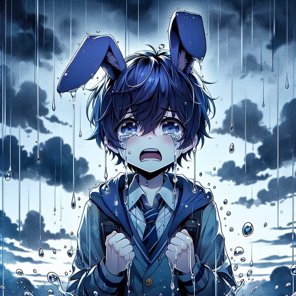 Anime Boy with Rabbit Ears Crying in Rain