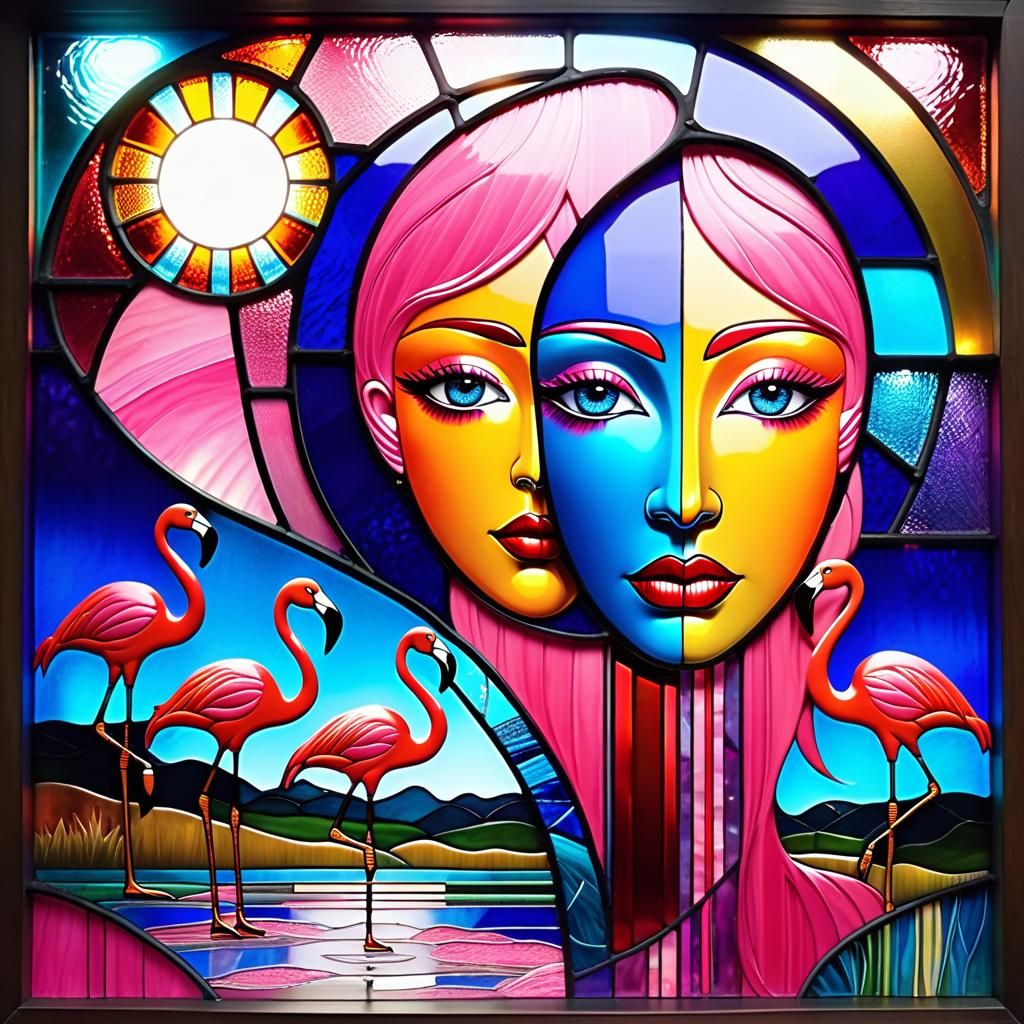 Surreal Flamingo Stained Glass Dream in Mixed Media