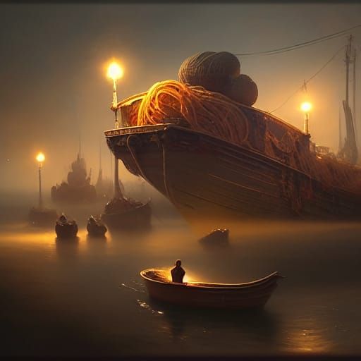 Fantastical Spaghetti Boat in Detailed Photorealistic Style