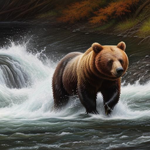 Bear Catches Salmon: Expressionist Naturalist Painting