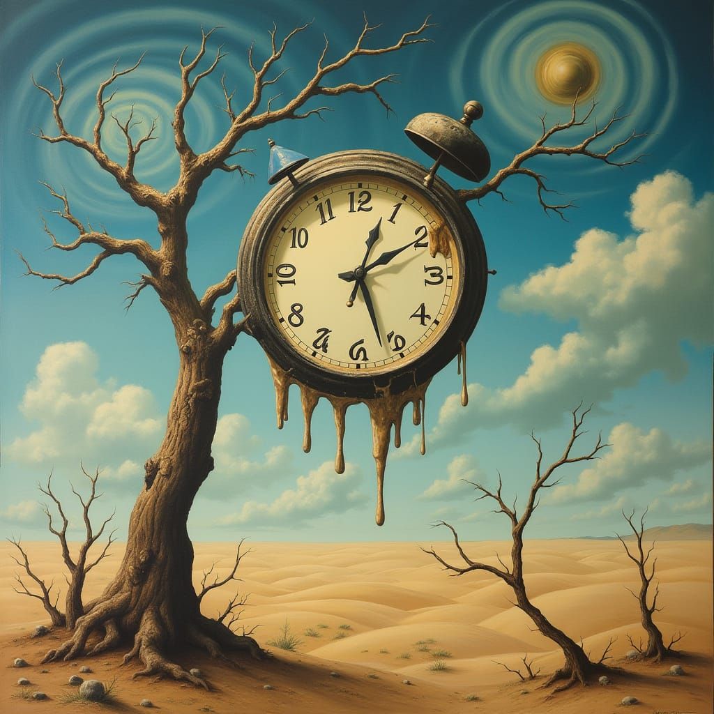 Surreal Desert Dreamscape with Melting Clock