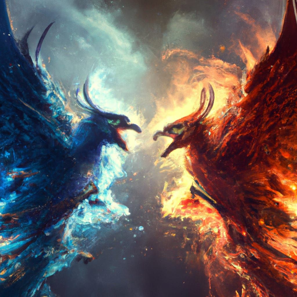 Epic Battle: Red and Blue Phoenixes in Digital Art