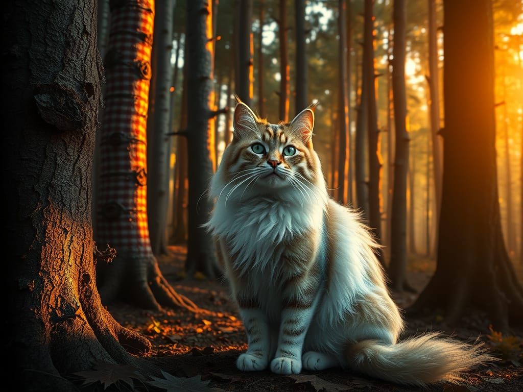 Hyperrealistic Cat Amidst Gingham Forest
