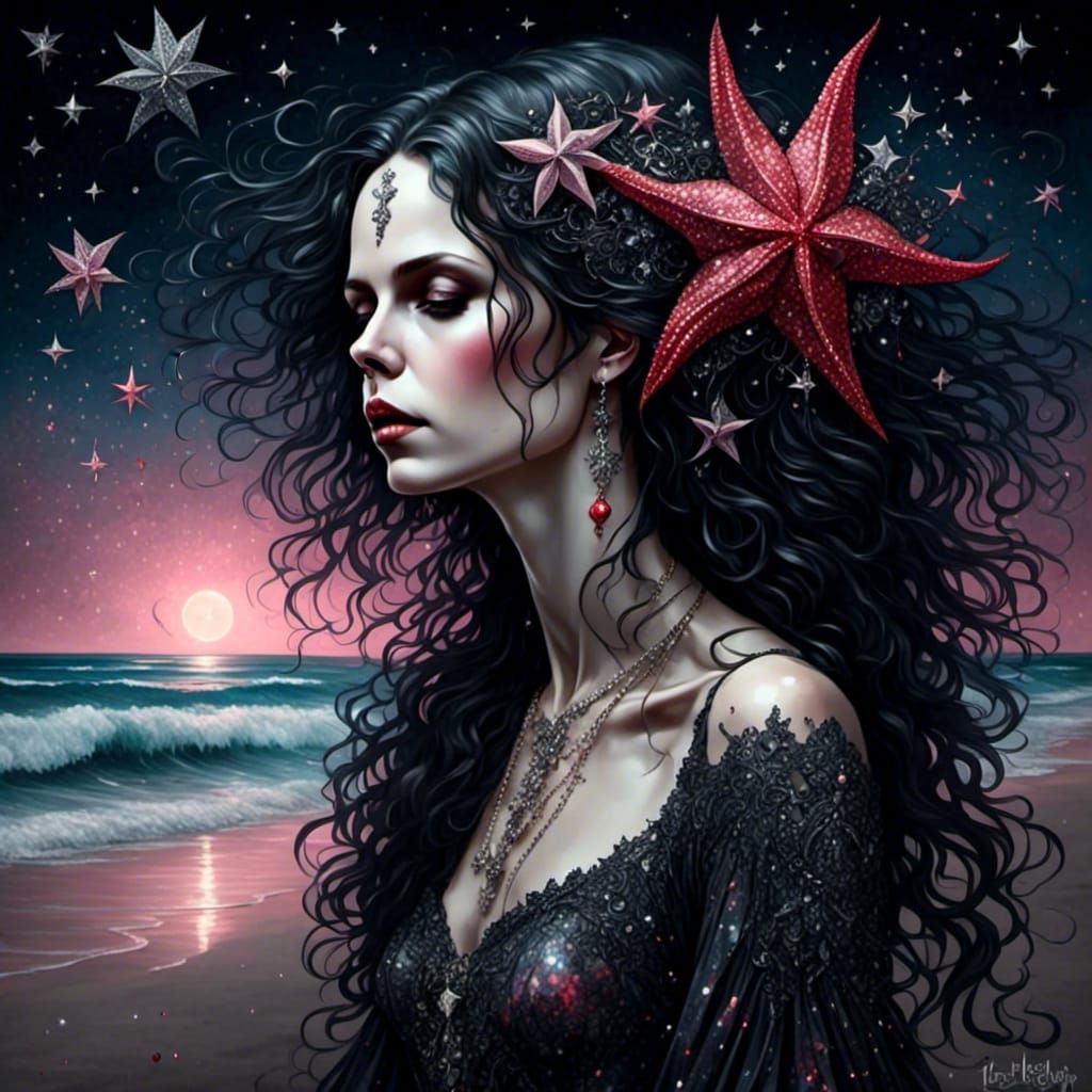 Mystical Midnight Beach Stroll with Glittery Stars