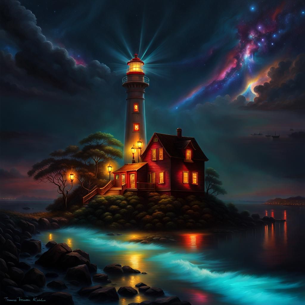 Cyberpunk Lighthouse with Nebula in Baroque Style