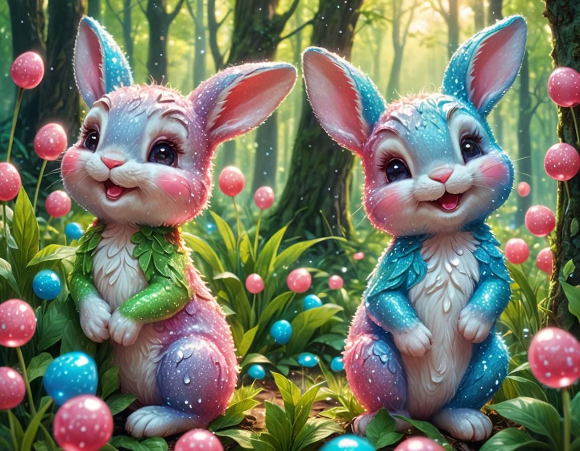 Whimsical Candy Bunnies in a Dreamlike Forest