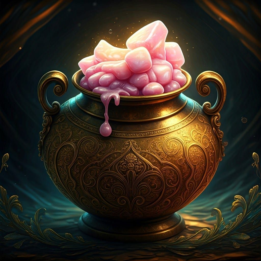 Ornate Golden Pot Overflowing with Iridescent Fat