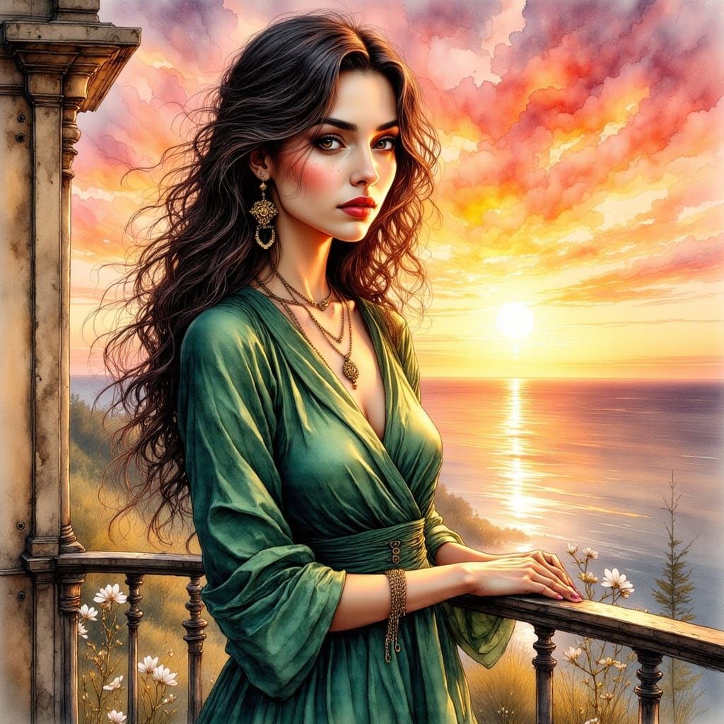 Woman in Green Dress at Sunset: Ink Art Portrait