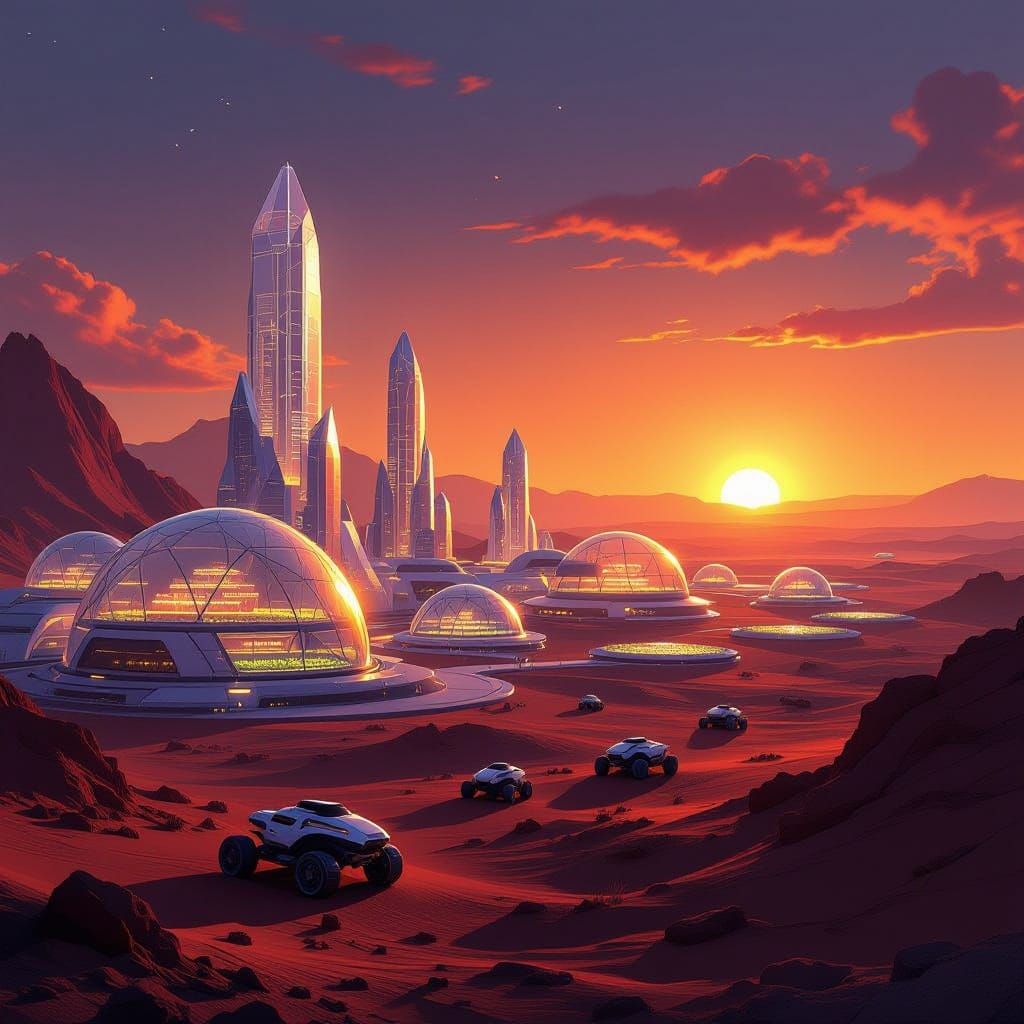 Martian Biodome City at Sunset with Crystalline Structures