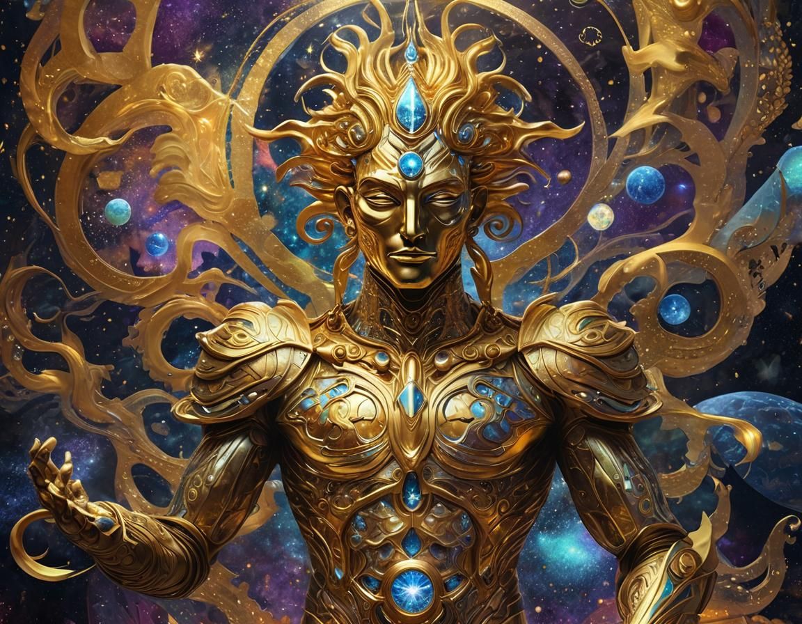 Golden Golem in Cosmic Astral Illustration