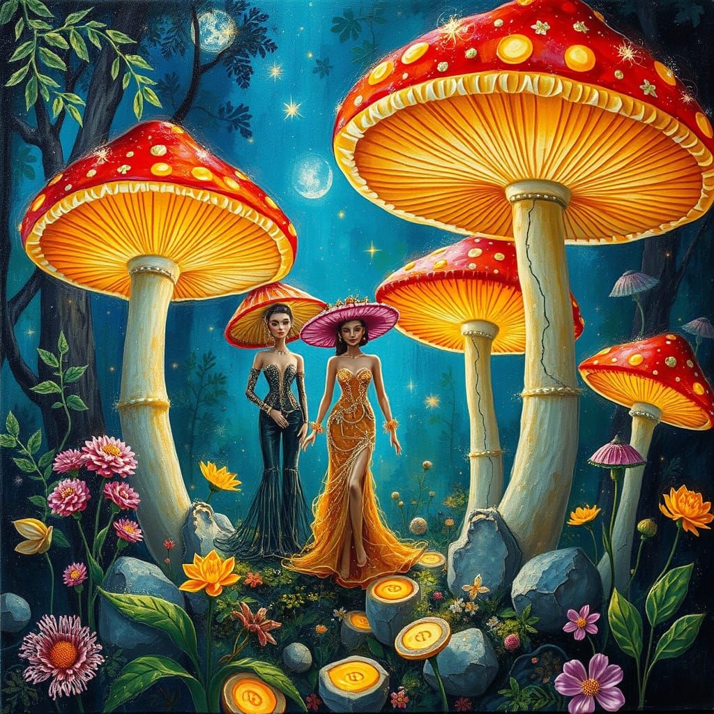 Miniature Fashionistas in Bioluminescent Rainforest, Impasto...