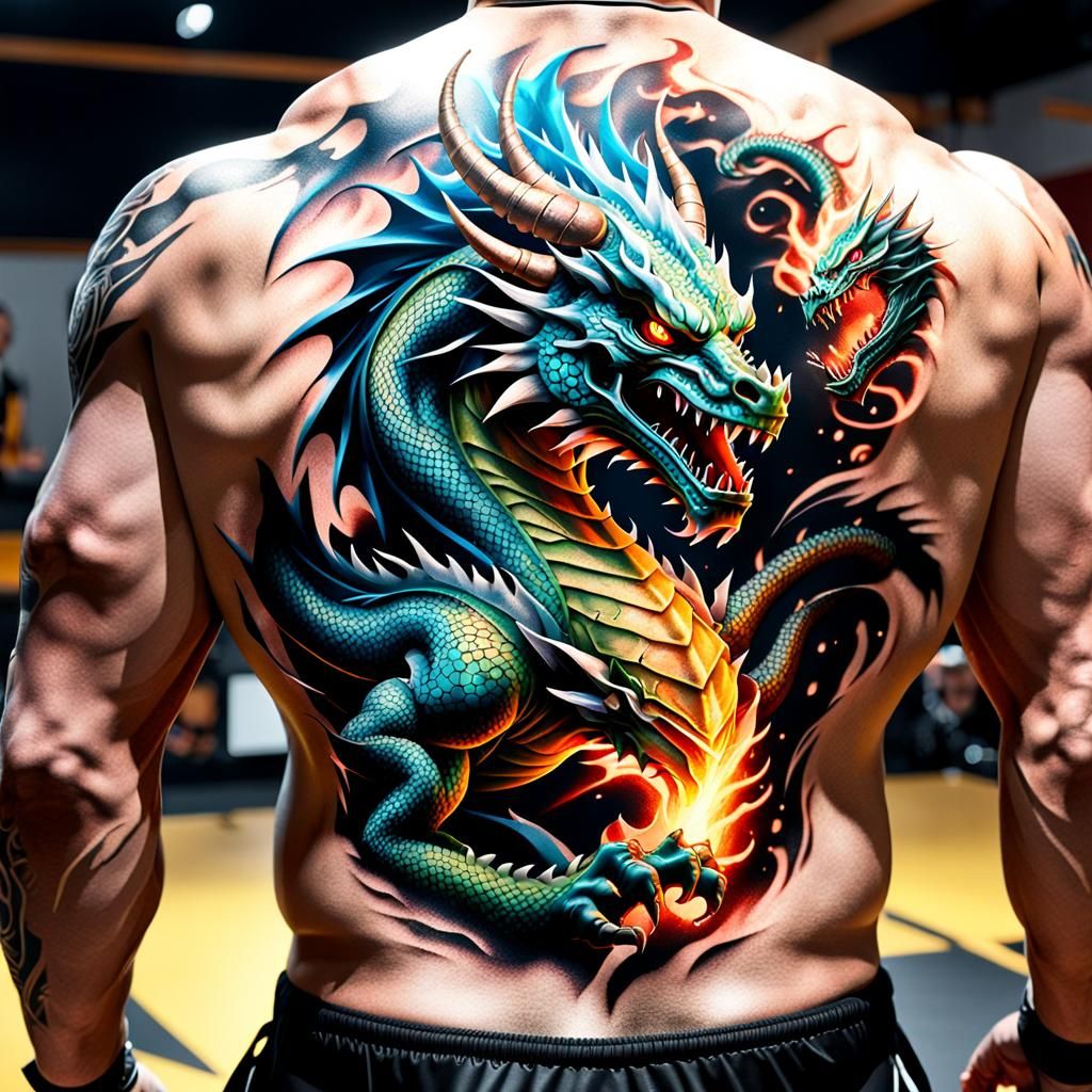 3D tattoo on wrestlers back of dragon ripping through back breathing glowing plasma , GeForce RTX, 2TB NVMe M.2 SSD, 6T...