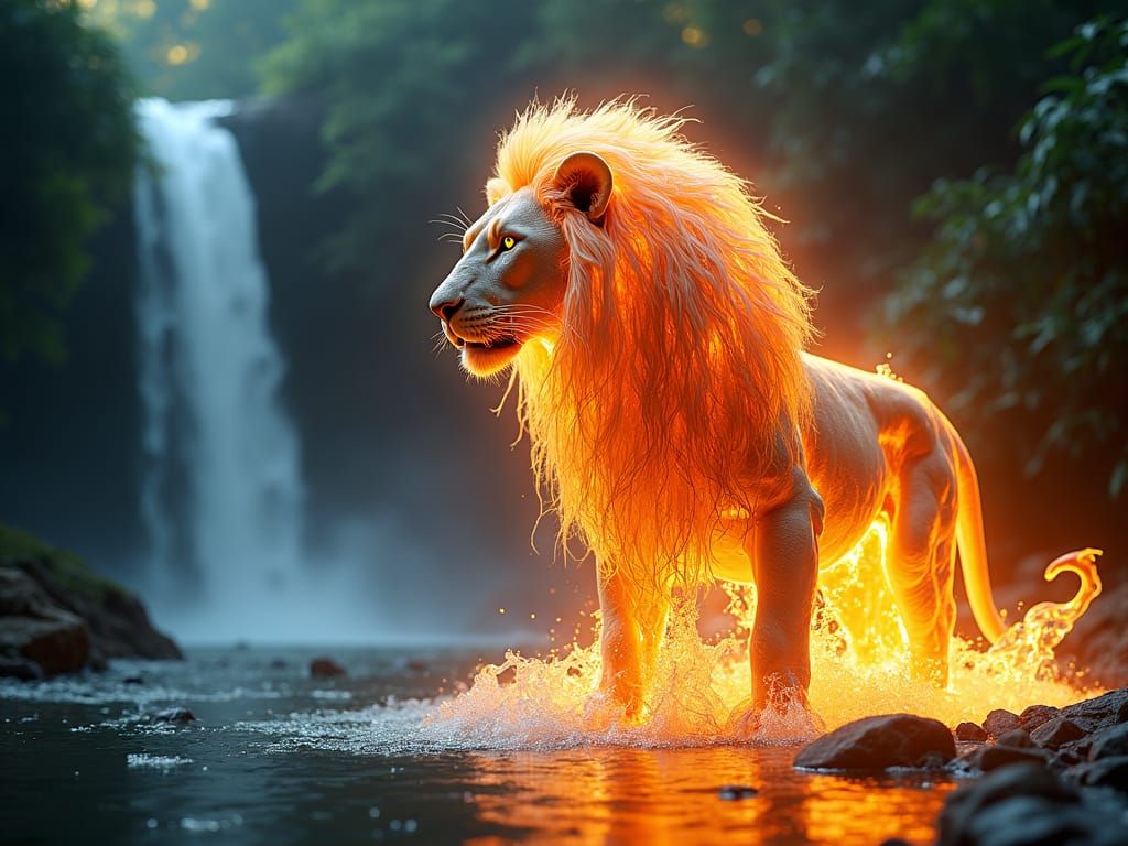 Fiery Water Lion in Jungle Fantasy Art