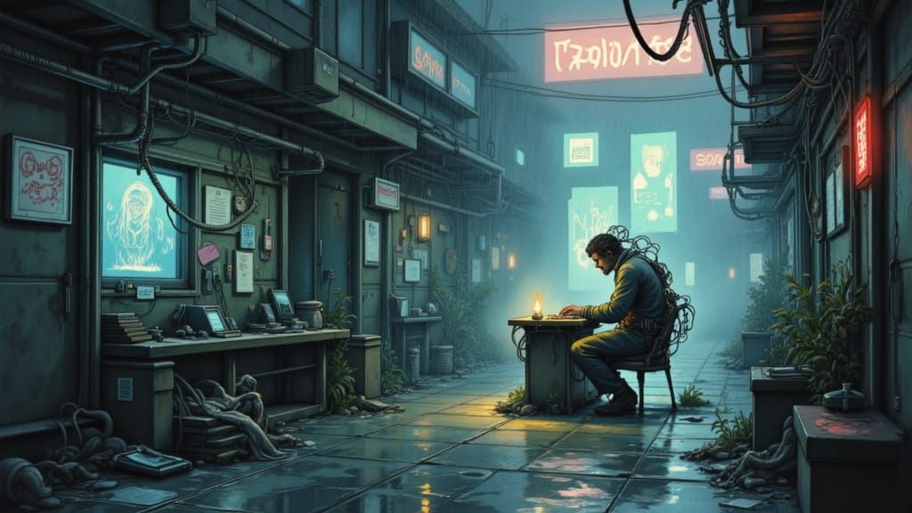 Cybernetic Transformation in Gritty Cyberpunk Alley