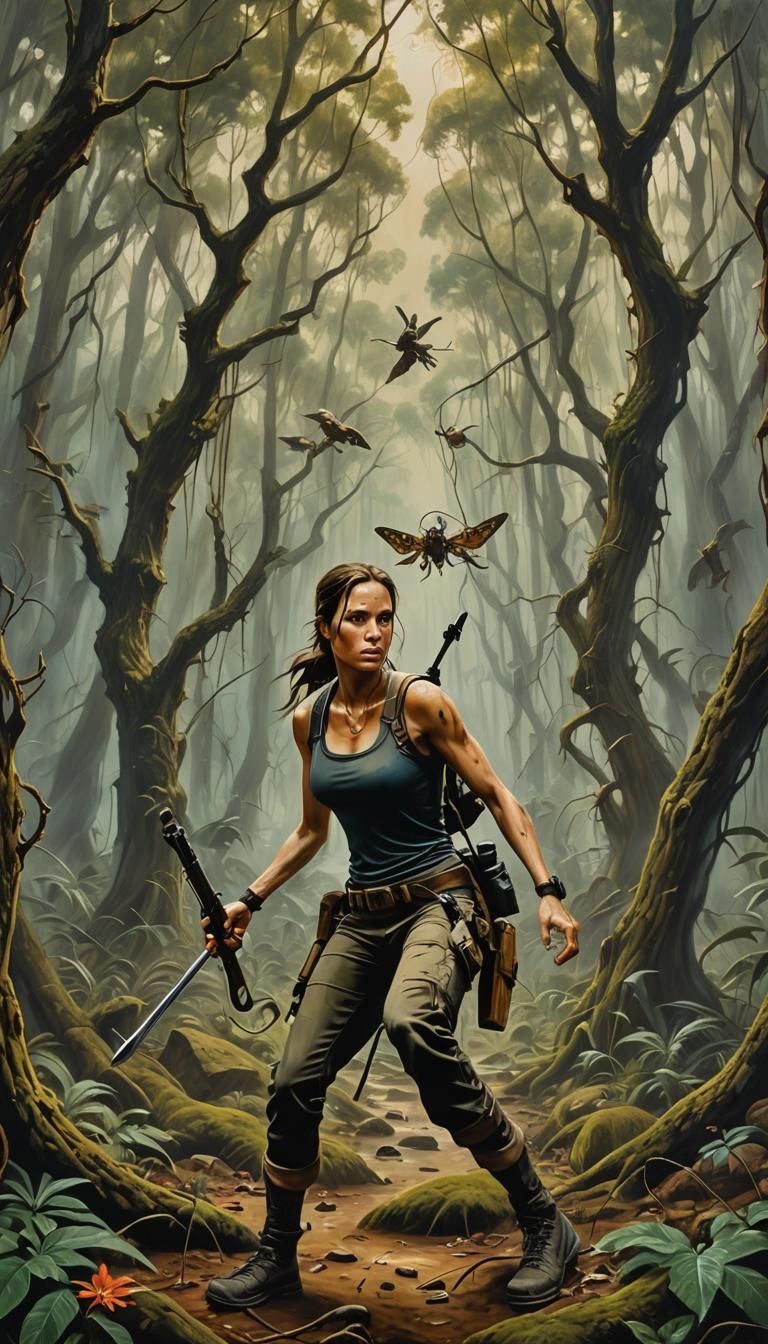 Lara Croft's Surreal Forest Battle: A Dali-esque Painting