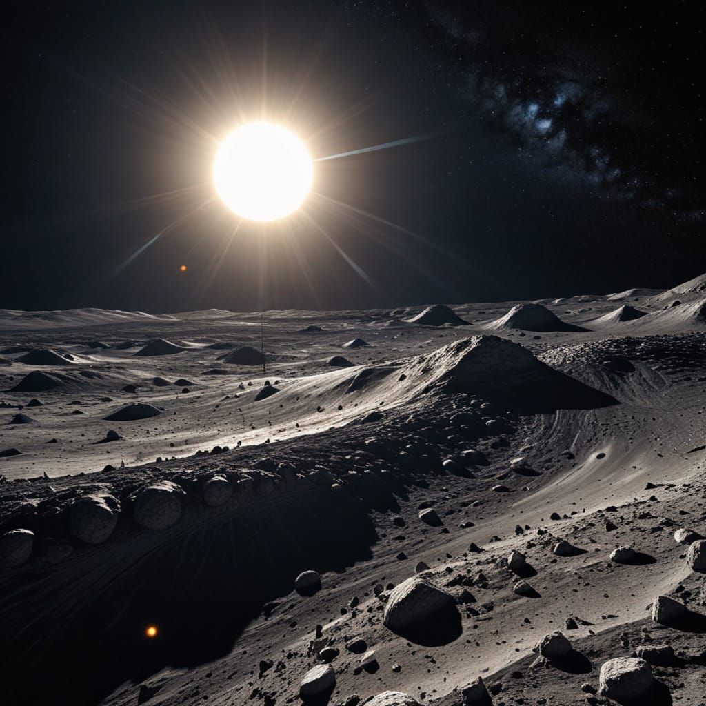 Space In the foreground is the surface of the Moon from which the planet Earth is visible, behind which the Sun rises.